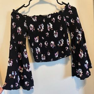 Black & Floral Off the Shoulder Cropped shirt